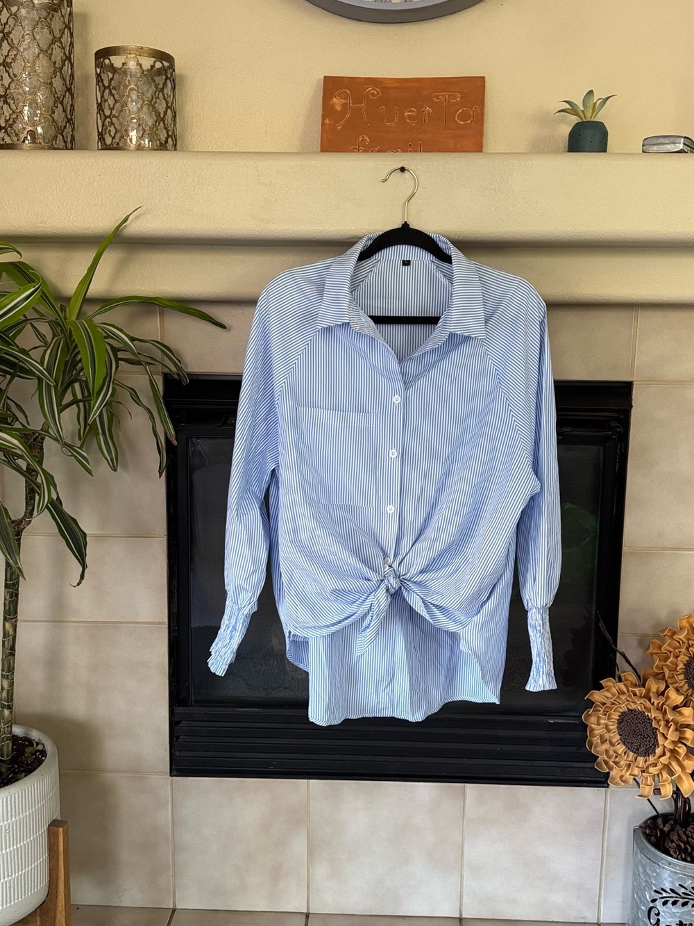 Amazon Light Blue and White Striped Button-Down Shirt with Front Tie